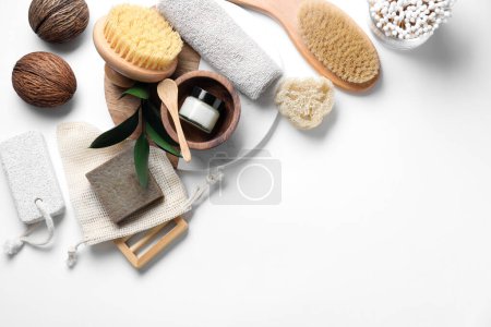 Photo for Bath accessories. Flat lay composition with personal care products on white background, space for text - Royalty Free Image