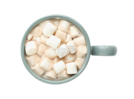 Photo for Cup of aromatic hot chocolate with marshmallows isolated on white, top view - Royalty Free Image