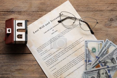 Photo for Last Will and Testament, house model, dollar bills and glasses on wooden table, flat lay - Royalty Free Image