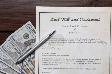 Photo for Last Will and Testament, dollar bills and pen on wooden table, flat lay - Royalty Free Image