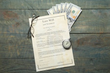 Photo for Last Will and Testament, glasses, pocket watch and dollar bills on rustic wooden table, flat lay - Royalty Free Image