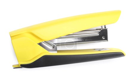 One yellow stapler isolated on white, top view