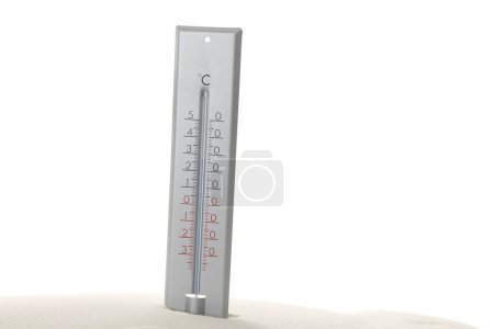 Photo for Weather thermometer in sand against white background - Royalty Free Image