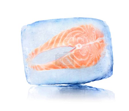 Photo for Frozen food. Raw salmon steak in ice cube isolated on white - Royalty Free Image