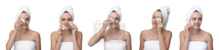 Téléchargez les photos : Femme nettoyant son visage avec des tampons de coton sur fond blanc, ensemble de photos - en image libre de droit