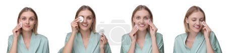Téléchargez les photos : Femme nettoyant son visage avec des tampons de coton sur fond blanc, ensemble de photos - en image libre de droit