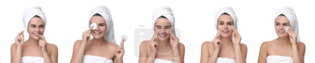 Téléchargez les photos : Femme heureuse avec des tampons de coton sur fond blanc, ensemble de photos - en image libre de droit