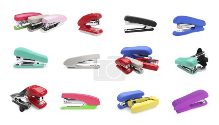 Different colorful staplers isolated on white, collection
