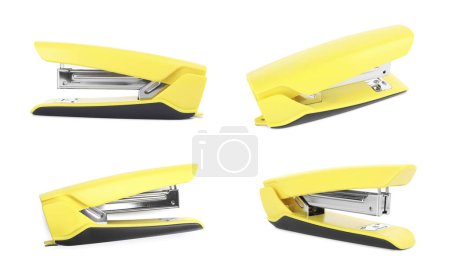 Yellow stapler isolated on white, different sides