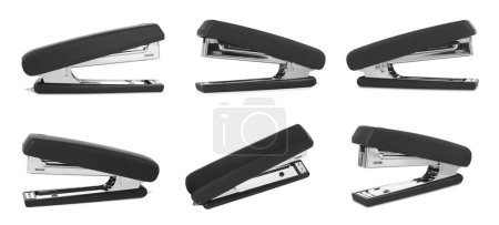 Black stapler isolated on white, different sides