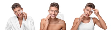 Téléchargez les photos : Homme nettoyant son visage avec des tampons de coton sur fond blanc, ensemble de photos - en image libre de droit