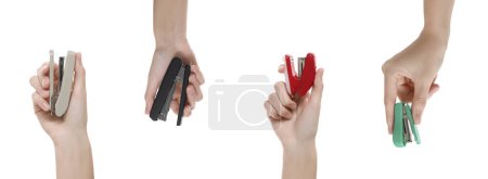 Woman holding colorful staplers isolated on white, collection of photos