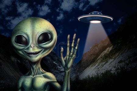UFO. Alien und fliegendes Raumschiff in den Bergen bei Nacht. Außerirdische Besucher