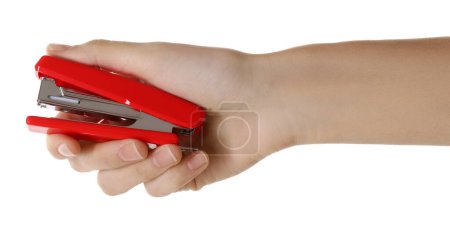 Woman holding red stapler on white background, closeup