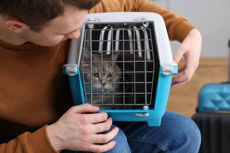 Téléchargez les photos : Voyage avec animal de compagnie. Homme tenant transporteur avec chat mignon à l'intérieur, gros plan - en image libre de droit