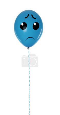 Blauer Ballon mit traurigem Gesicht auf weißem Hintergrund