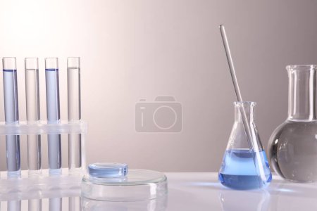 Photo for Laboratory analysis. Different glassware on table against light background - Royalty Free Image