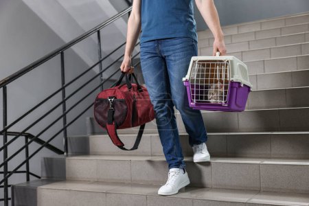 Téléchargez les photos : Voyage avec animal de compagnie. Homme tenant transporteur avec chat mignon et sac sur les escaliers à l'intérieur, gros plan - en image libre de droit