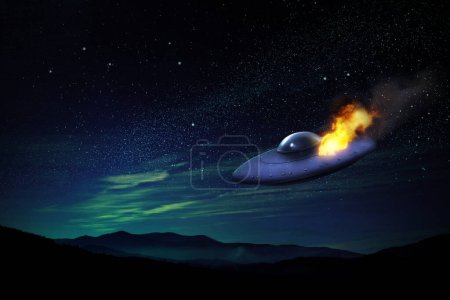 UFO. Damaged alien spaceship falling. Extraterrestrial visitors