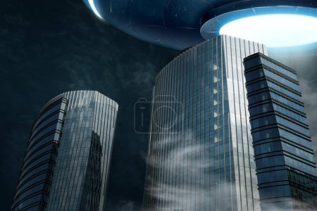 Außerirdisches Raumschiff fliegt über Gebäude. UFO, außerirdische Besucher