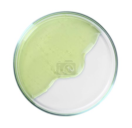 Foto de Placa Petri con muestra líquida de color aislada en blanco, vista superior - Imagen libre de derechos