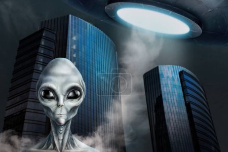 Alien und fliegende Untertasse in der Stadt. UFO, außerirdische Besucher