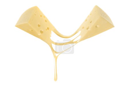 Tasty cheese stretching in air on white background