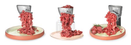 Mincing beef with manual meat grinder on white background, set