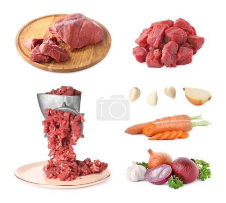 Manual meat grinder with mince beef and different products isolated on white, set
