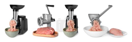 Meat grinders with mince chicken and beef isolated on white, set