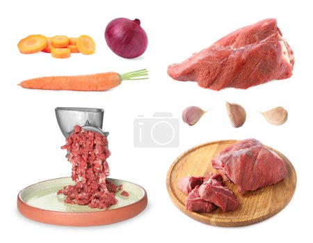 Manual meat grinder with mince beef and different products isolated on white, set