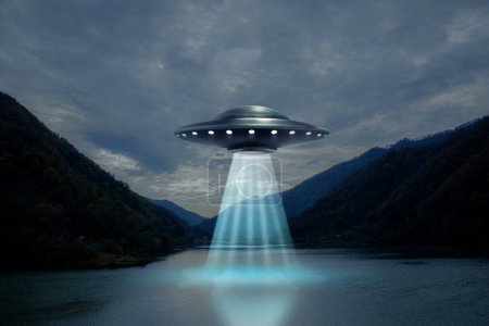 Alien spaceship emitting light beam in air over lake. UFO