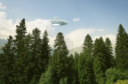 Nave espacial extraterrestre volando sobre árboles en las montañas. OVNI