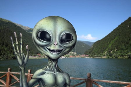 Alien in der Nähe eines Sees in den Bergen. UFO, außerirdische Besucher