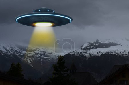 Alien spaceship emitting light beam in air over mountains. UFO