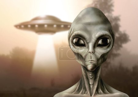 Fliegende Untertasse hinter Außerirdischen, die an einem nebligen Morgen Licht aussenden. UFO