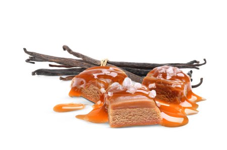 Delicious salted caramel with sauce and vanilla pods isolated on white