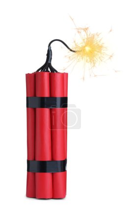 Photo for Dynamite bomb with lit fuse isolated on white - Royalty Free Image