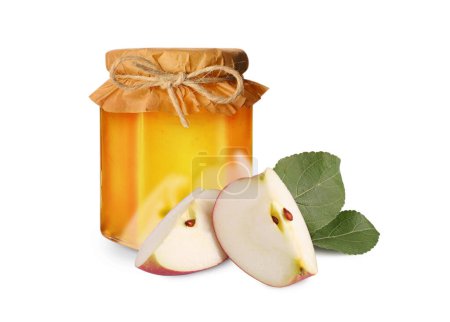 Téléchargez les photos : Miel dans un bocal en verre et pomme isolé sur blanc - en image libre de droit