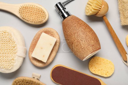 Photo for Bath accessories. Flat lay composition with personal care tools on light grey background - Royalty Free Image