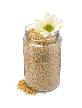 Fresh bee pollen granules in jar and flower isolated on white