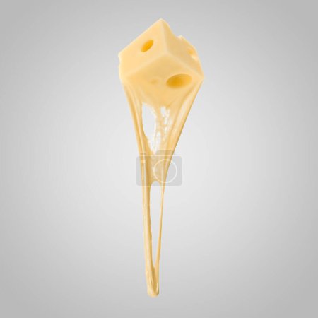 Tasty cheese stretching in air on grey background