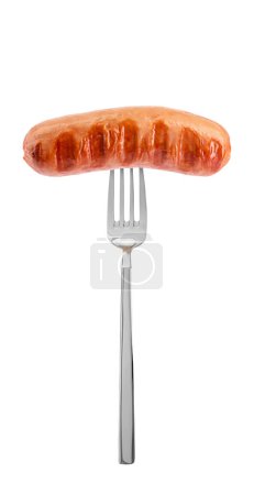 Photo for Fork with grilled sausage isolated on white - Royalty Free Image
