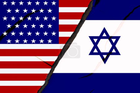 Banderas de Israel y EE.UU. en la pared rota. Relaciones diplomáticas internacionales