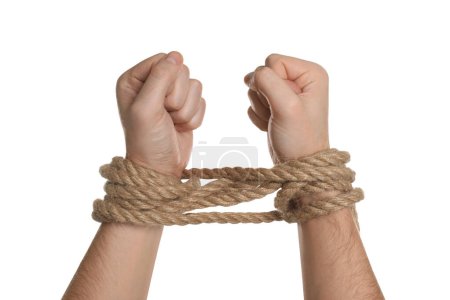 Freedom concept. Man with tied arms on white background, closeup