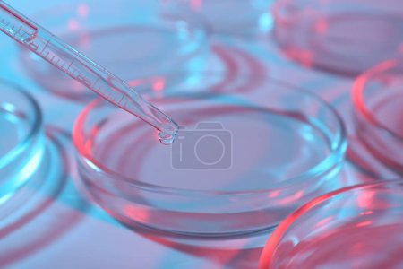 Photo for Dripping liquid from pipette into petri dish on light blue background, closeup - Royalty Free Image