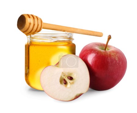 Téléchargez les photos : Miel dans un bocal en verre, pommes et trempette isolé sur blanc - en image libre de droit