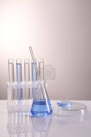 Photo for Laboratory analysis. Different glassware on table against light background, space for text - Royalty Free Image