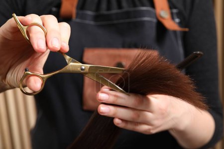 Friseur schneidet Kundin im Salon mit Schere die Haare, Nahaufnahme