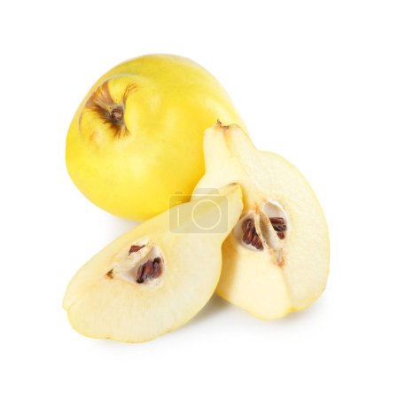 Ripe whole and cut quinces isolated on white